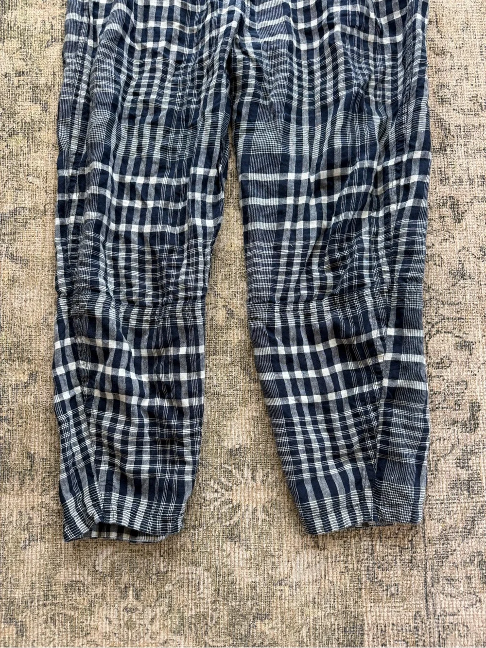 Everlane The Linen Pull On Barrel Pant 100% Linen Navy Plaid High Waist Size XL